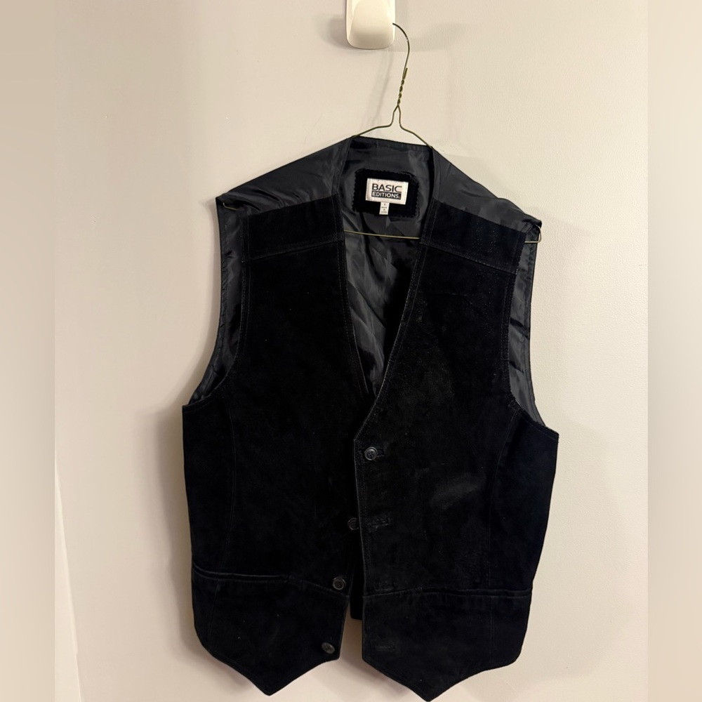 Vintage Basic Editions Genuine Leather Black Vest Size S Button Front Classic